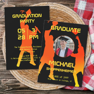 Bold Graphic Orange Black Graduation Party Photo Invitation