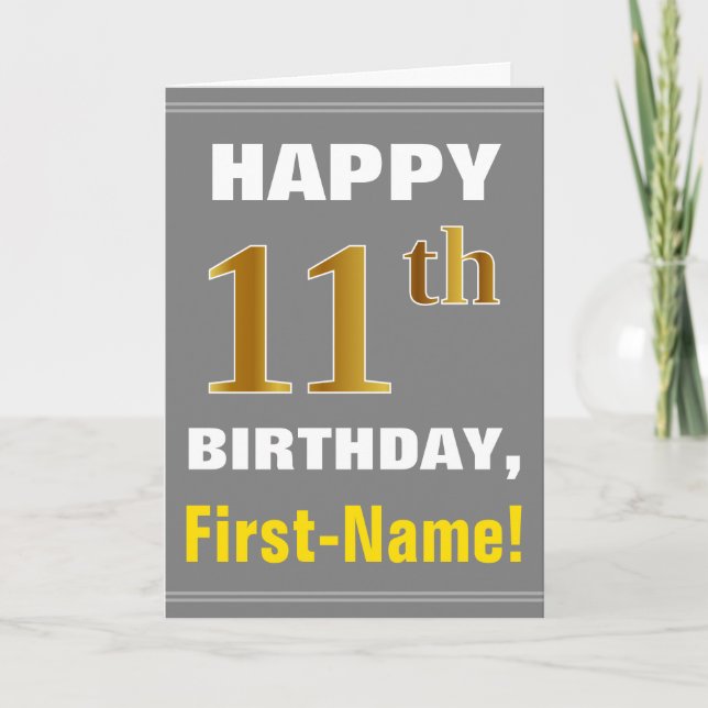 Bold, Gray, Faux Gold 11th Birthday w/ Name Card (Front)