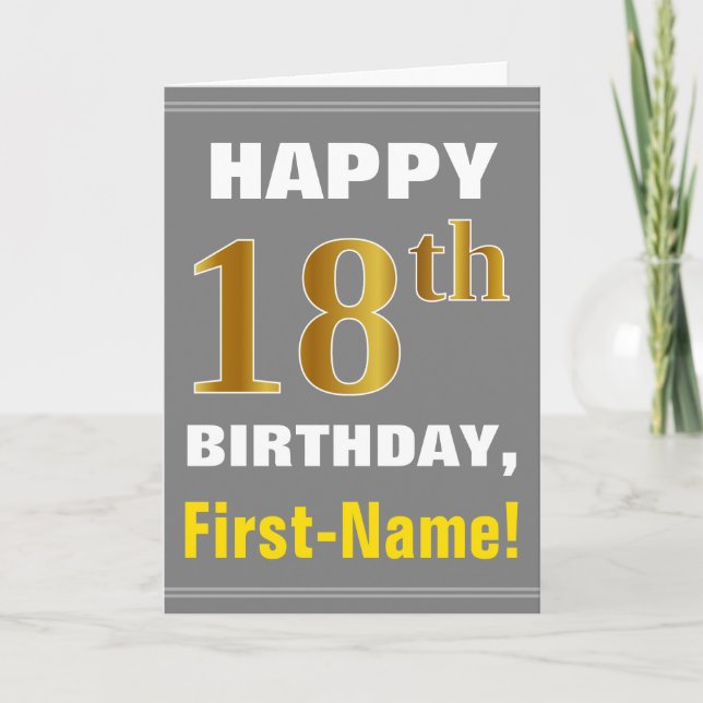 Bold, Gray, Faux Gold 18th Birthday w/ Name Card (Front)