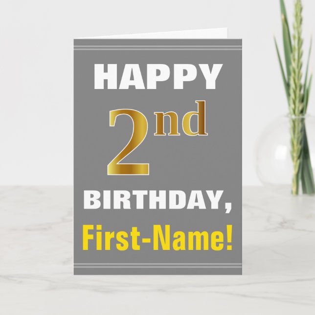 Bold, Gray, Faux Gold 2nd Birthday w/ Name Card (Front)