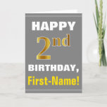 [ Thumbnail: Bold, Gray, Faux Gold 2nd Birthday W/ Name Card ]