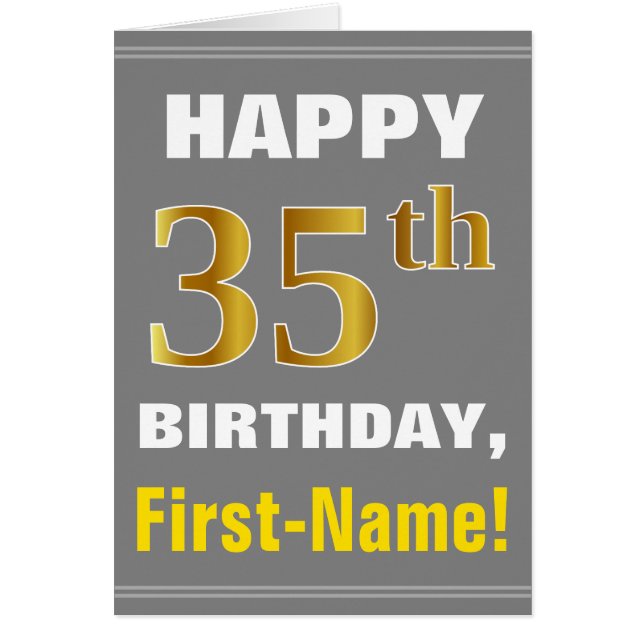 Bold, Gray, Faux Gold 35th Birthday w/ Name Card (Front)