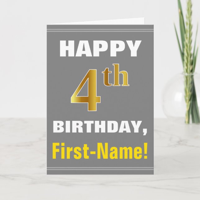 Bold, Gray, Faux Gold 4th Birthday w/ Name Card (Front)