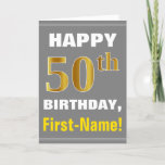 [ Thumbnail: Bold, Gray, Faux Gold 50th Birthday W/ Name Card ]
