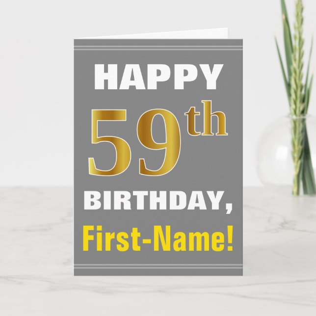 Bold, Gray, Faux Gold 59th Birthday w/ Name Card (Front)