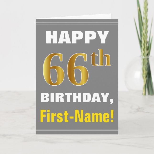 Bold, Gray, Faux Gold 66th Birthday w/ Name Card (Front)