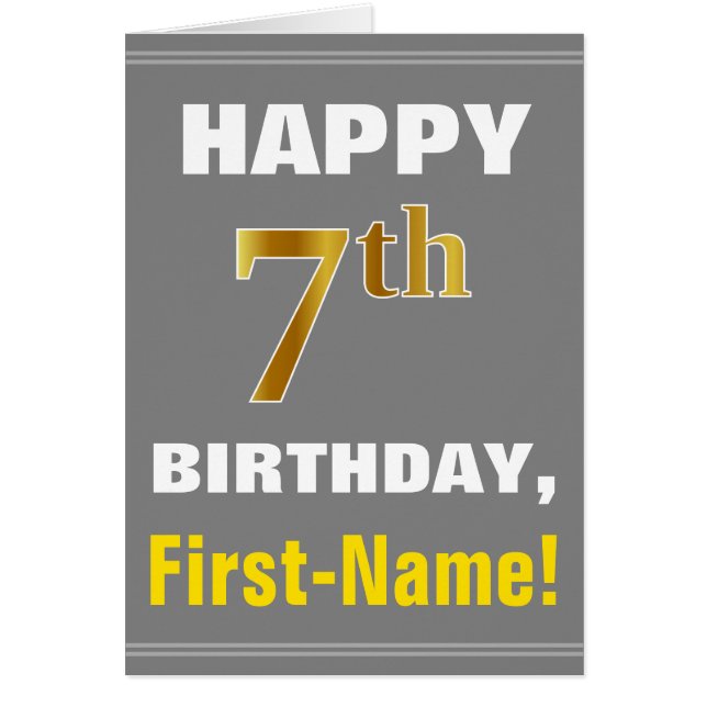 Bold, Gray, Faux Gold 7th Birthday w/ Name Card (Front)