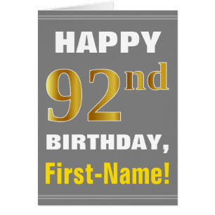 Bold, Gray, Faux Gold 92nd Birthday w/ Name Card