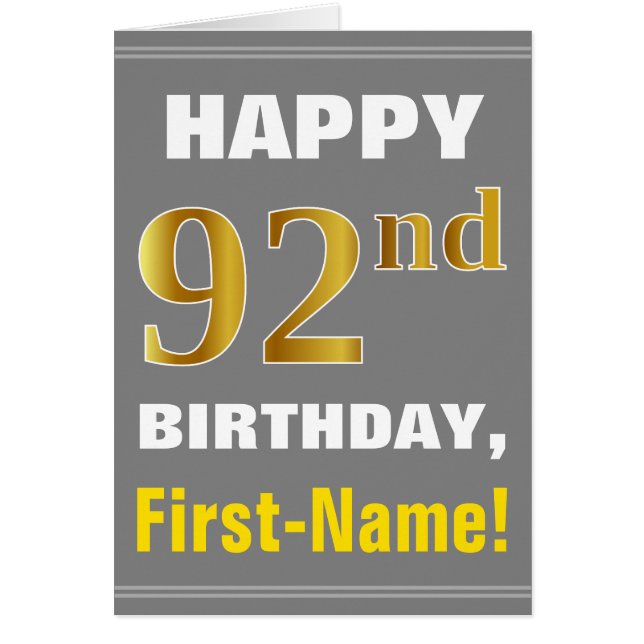 Bold, Gray, Faux Gold 92nd Birthday w/ Name Card (Front)