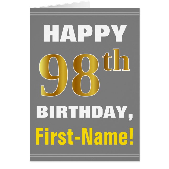 Bold, Gray, Faux Gold 98th Birthday w/ Name Card (Front)