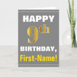 [ Thumbnail: Bold, Gray, Faux Gold 9th Birthday W/ Name Card ]