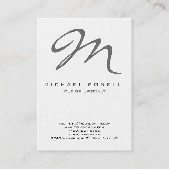 Bold Gray Monogram Calligraphy Business Card (Front)