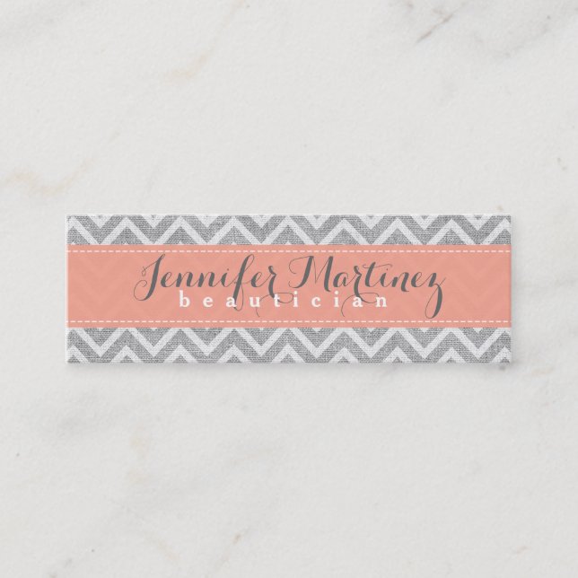 Bold Gray & Orange Chevron Pattern Linen Look Mini Business Card (Front)