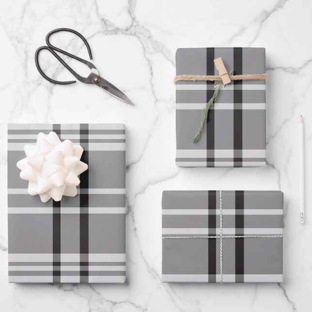 Bold Gray Plaid Modern Minimalist Gift Wrapping Paper Sheets (Front)