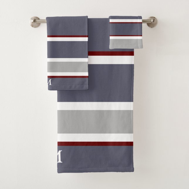 Bold Gray Red Stripe Monogram Bath Towel Set (Insitu)