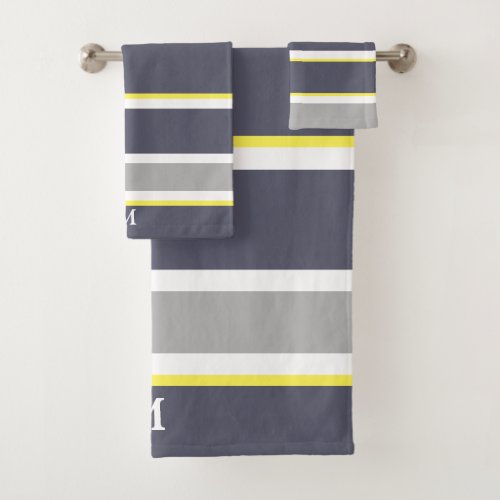 Bold Gray Yellow Stripe Monogram Bath Towel Set