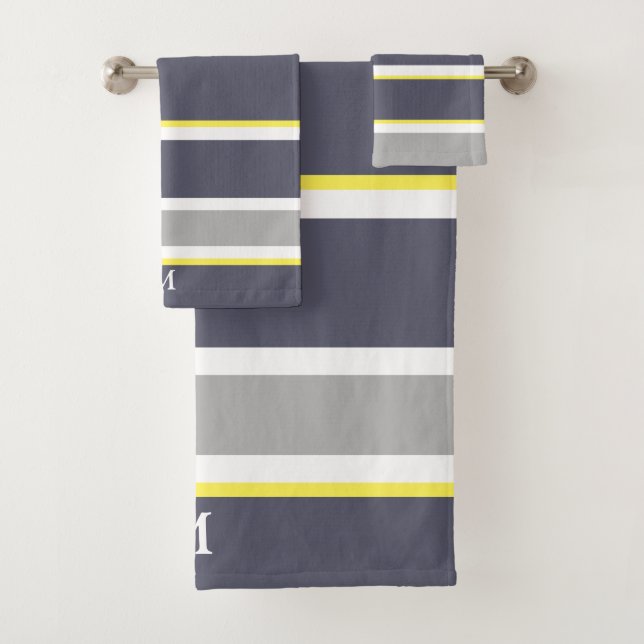 Bold Gray Yellow Stripe Monogram Bath Towel Set (Insitu)