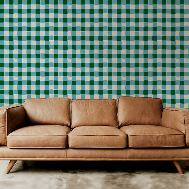 Bold Green and Blue Checkered Plaid Wallpaper (Boild green and blue hand-drawn checkered plaid peel and stick wallpaper.)