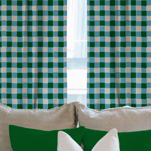 Bold Green and Blue Hand_Drawn Checkered Plaid  Sheer Curtains