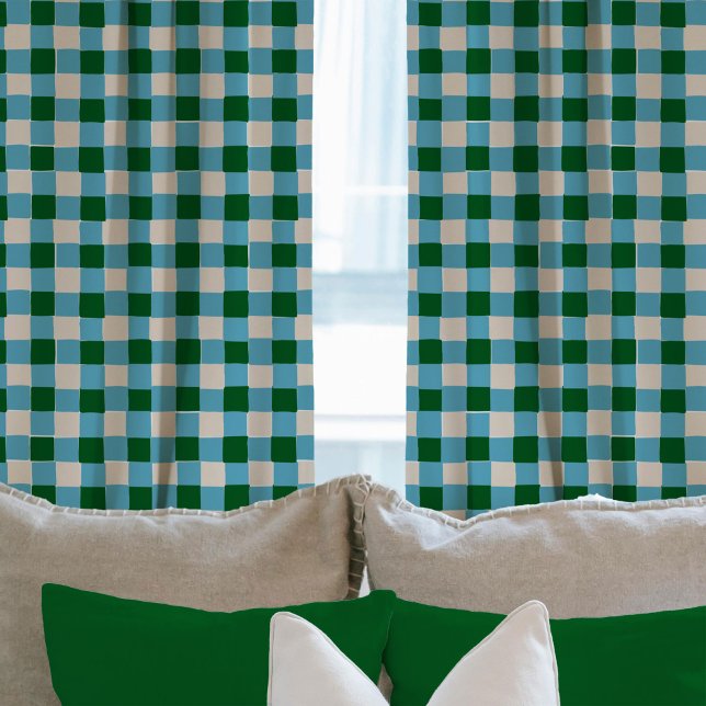 Bold Green and Blue Hand-Drawn Checkered Plaid  Sheer Curtains (Bold Green and Blue Hand-Drawn Checkered Plaid Curtains)