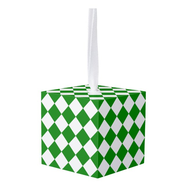 Bold Green and White Chevron Pattern Classic Cube Ornament (Back Angled)