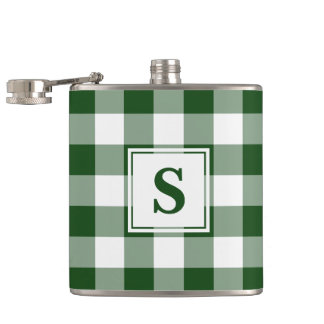 Bold Green and White Plaid Pattern with Monogram Flask