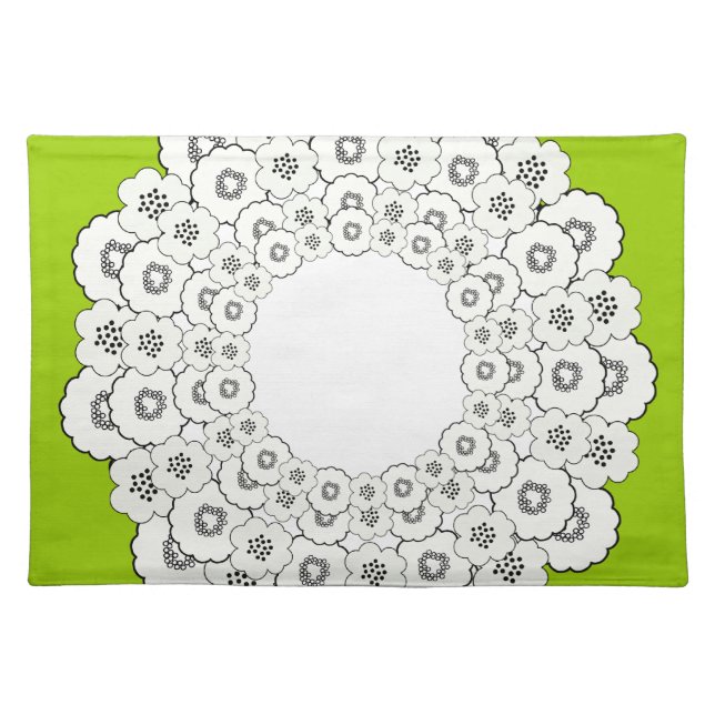 Bold Green, Black and White Floral Pattern Cloth Placemat (Front)
