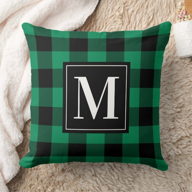 Bold Green Black Buffalo Plaid Monogram Christmas Throw Pillow (Blanket)