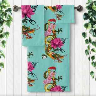 Bold Green Chinese Dragon Lotus Teal Tattoo Bath Towel Set