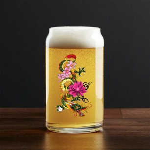 Bold Green Chinese Dragon Lotus Teal Tattoo Can Glass