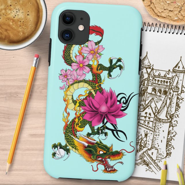 Bold Green Chinese Dragon Lotus Teal Tattoo Case-Mate iPhone Case (Creator Uploaded)