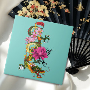 Bold Green Chinese Dragon Lotus Teal Tattoo Ceramic Tile