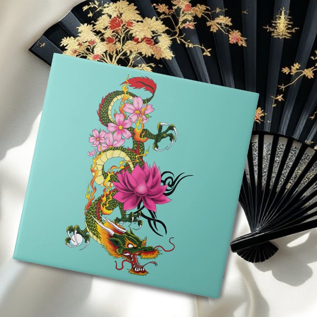 Bold Green Chinese Dragon Lotus Teal Tattoo Ceramic Tile (Creator Uploaded)