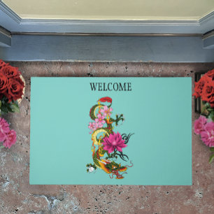 Bold Green Chinese Dragon Lotus Teal Tattoo Doormat
