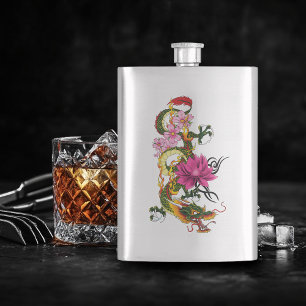 Bold Green Chinese Dragon Lotus Teal Tattoo Flask