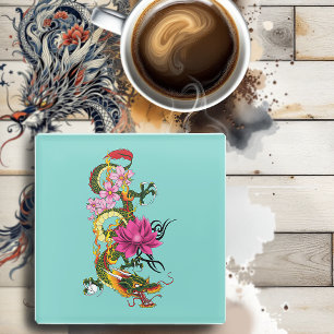 Bold Green Chinese Dragon Lotus Teal Tattoo Glass Coaster