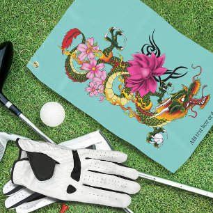 Bold Green Chinese Dragon Lotus Teal Tattoo Golf Towel