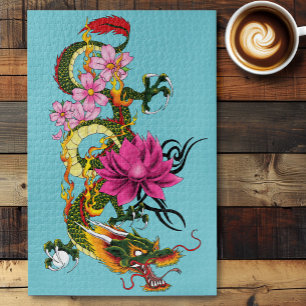 Bold Green Chinese Dragon Lotus Teal Tattoo Jigsaw Puzzle