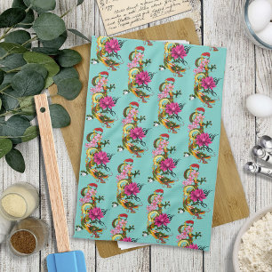 Bold Green Chinese Dragon Lotus Teal Tattoo Kitchen Towel