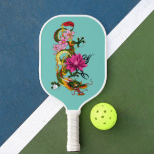 Bold Green Chinese Dragon Lotus Teal Tattoo Pickleball Paddle