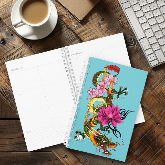 Bold Green Chinese Dragon Lotus Teal Tattoo Planner (Creator Uploaded)