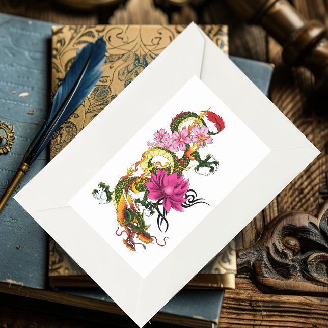 Bold Green Chinese Dragon Lotus Teal Tattoo Rectangular Sticker (Creator Uploaded)