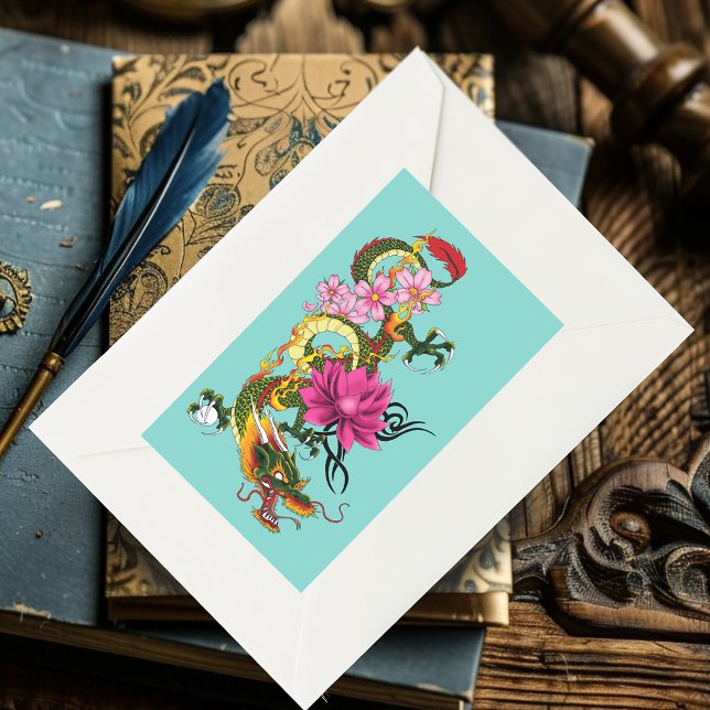 Bold Green Chinese Dragon Lotus Teal Tattoo Rectangular Sticker (Creator Uploaded)