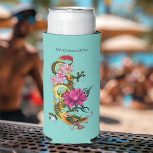 Bold Green Chinese Dragon Lotus Teal Tattoo Seltzer Can Cooler