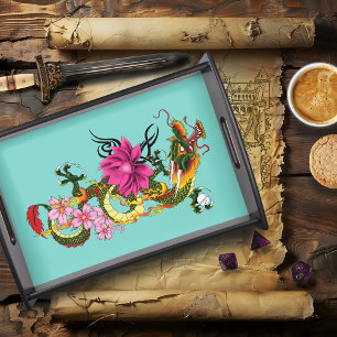 Bold Green Chinese Dragon Lotus Teal Tattoo Serving Tray