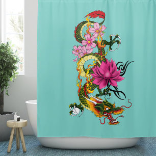 Bold Green Chinese Dragon Lotus Teal Tattoo Shower Curtain