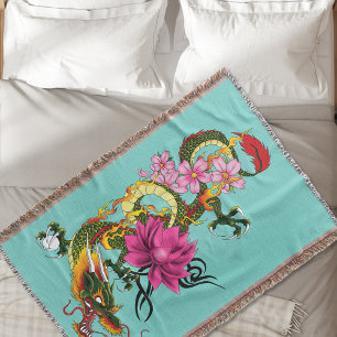 Bold Green Chinese Dragon Lotus Teal Tattoo Throw Blanket