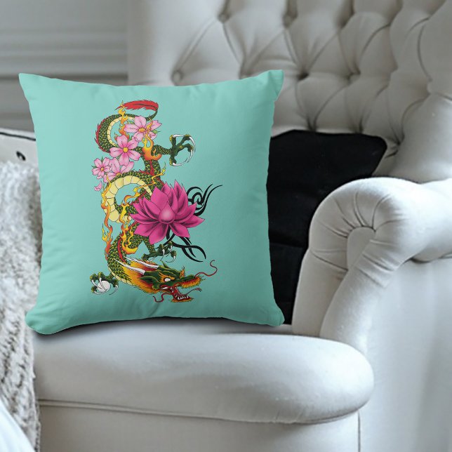 Bold Green Chinese Dragon Lotus Teal Tattoo Throw Pillow (Creator Uploaded)
