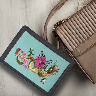 Bold Green Chinese Dragon Lotus Teal Tattoo Tri-fold Wallet