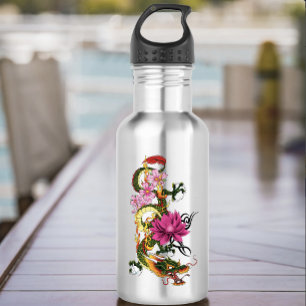 Bold Green Chinese Dragon Lotus Teal Tattoo Water Bottle